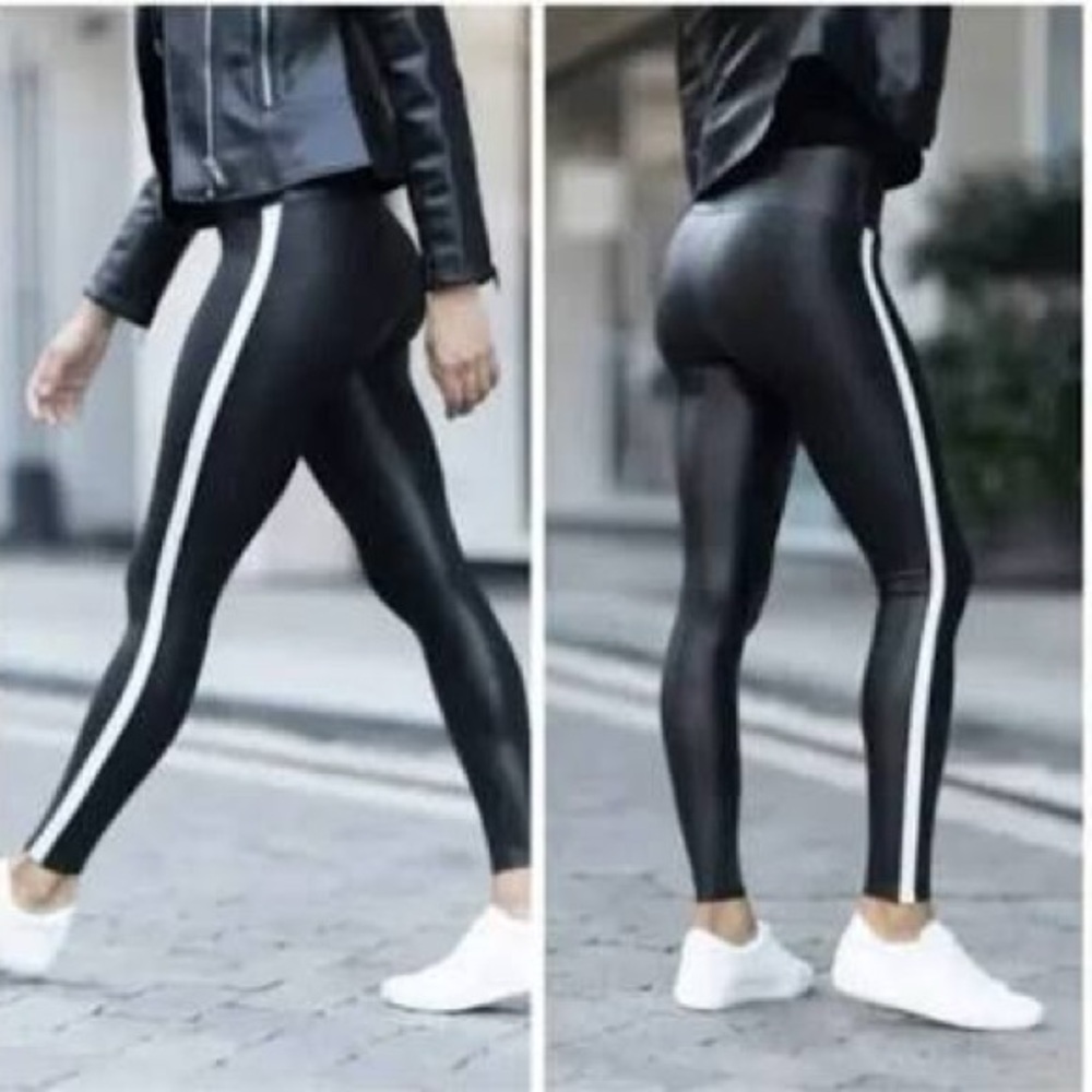 NWOT Spanx Black Synthetic Leather Tummy Control Leggings Size L